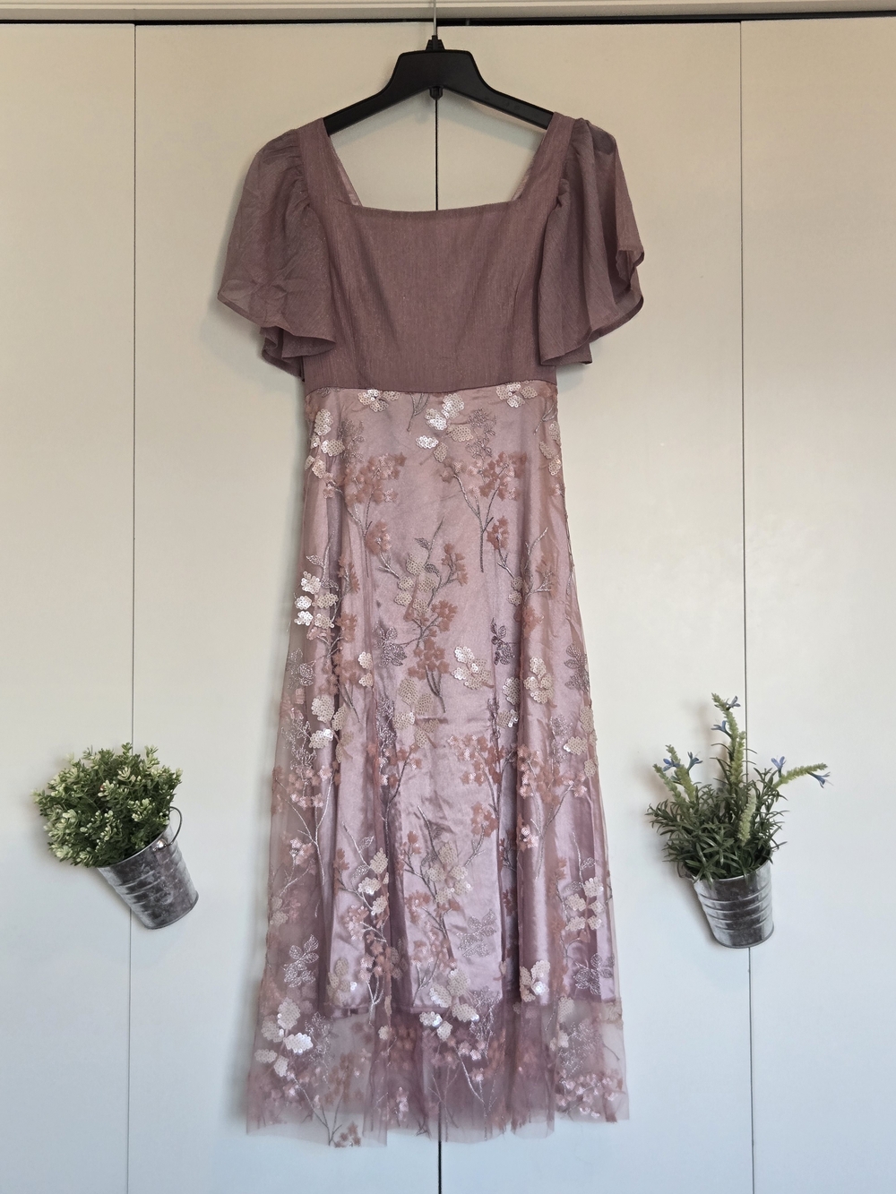 Dusty Rose Embroidered Midi Dress with Square Neck - Picture 1 of 4